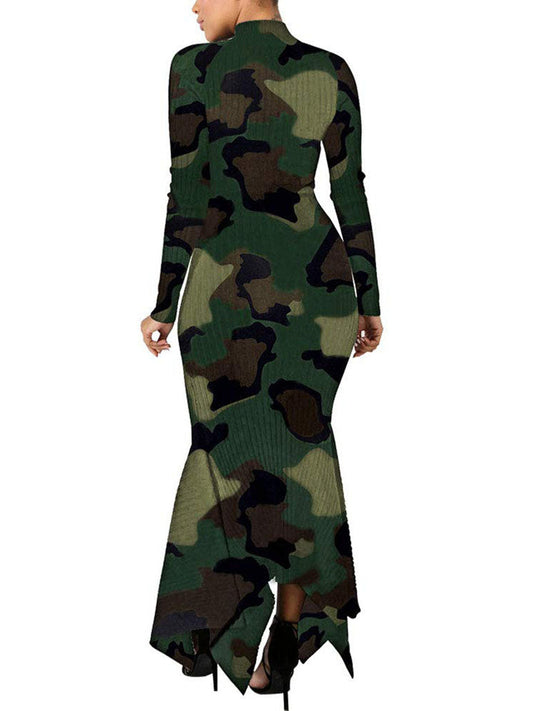 flowersverse Mock Neck Ribbed Knit Bodycon Long Sleeve Maxi Dresses