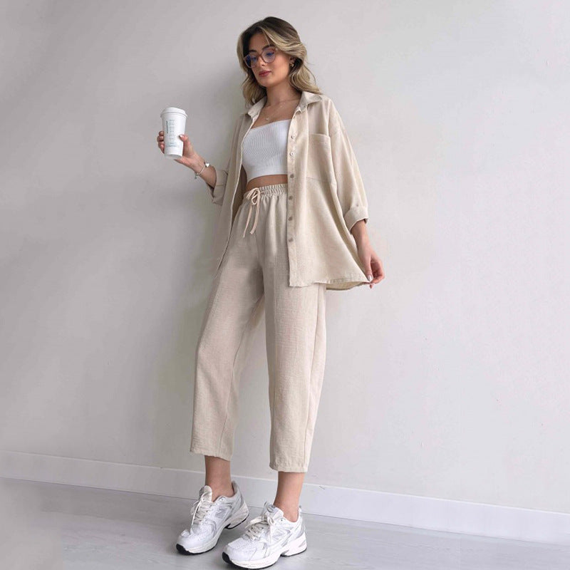 flowersverse Plus Size Women's Fall Casual Loose Shirt Coat Cropped Sport Harem Pants Two-Piece Set
