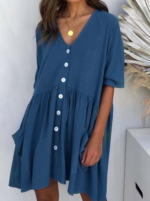 flowersverse Women's Casual Dress Linen Dress Tiered Dress Mini Dress Black White Pink Short Sleeve Pure Color Ruched Winter Fall Spring V Neck Basic Daily Vacation Loose Fit S M L XL XXL 3XL