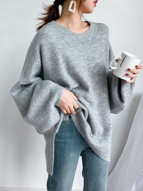 flowersverse Stretch Mohair-Blend Balloon Sleeves Loose Solid Round-Neck Sweater Tops