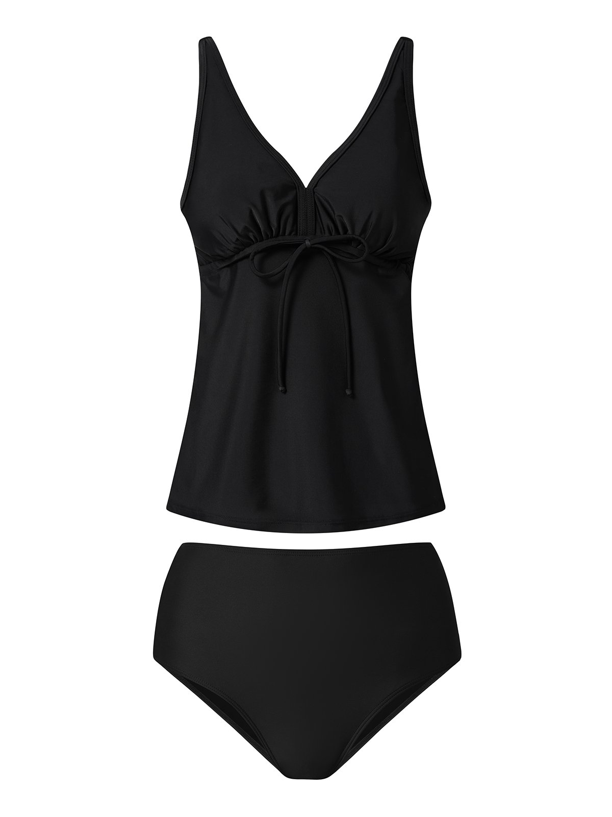 flowersverse Simple Plain Drawstring V neck Tankinis Two-Piece Set