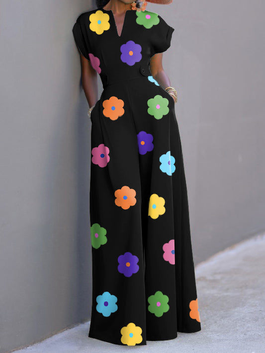 flowersverse Cap Sleeve Wide Leg Floral Printed Jumpsuits
