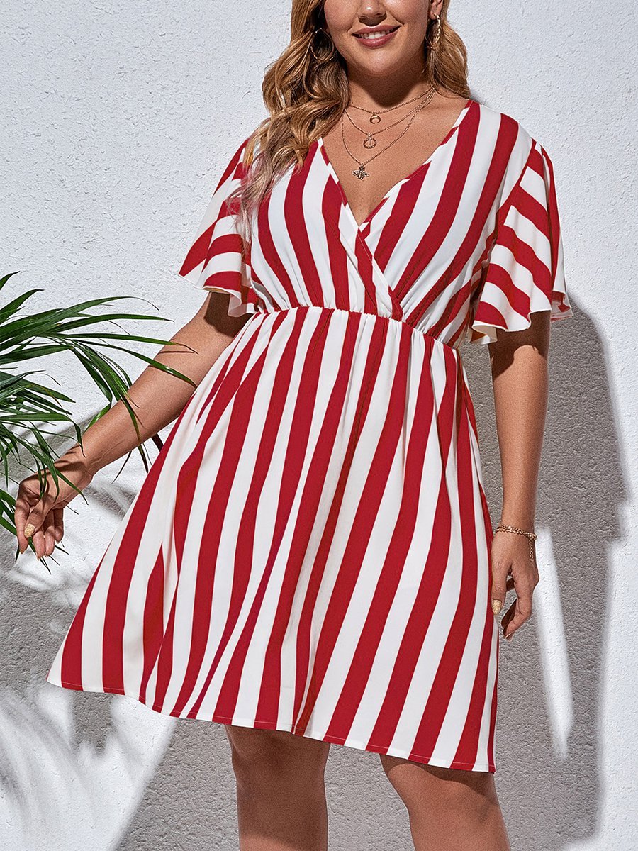 flowersverse Holiday Short Sleeve V Neck A-line Weaving Dress