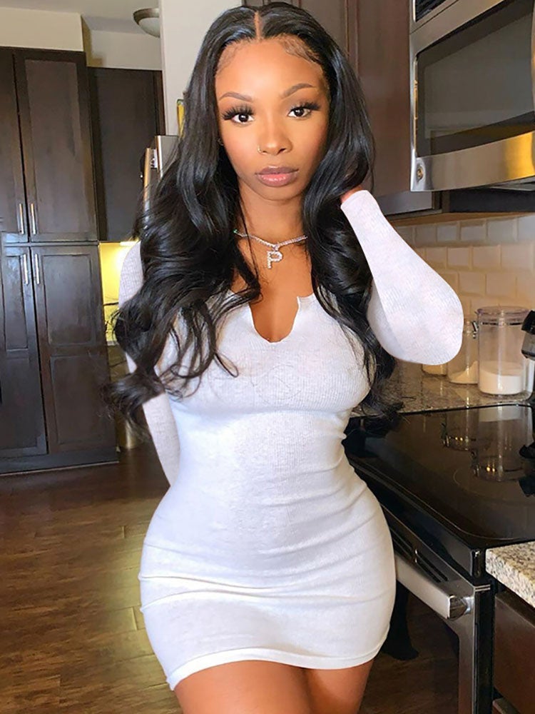 flowersverse Long Sleeve Scoop Neck Bodycon Mini Dress