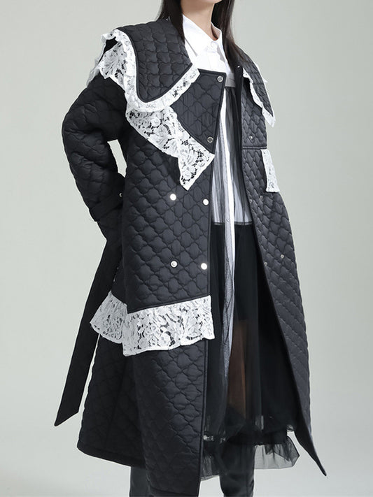 flowersverse Asymmetric Quilted Ruffled Tied Waist Long Sleeves Loose Peter Pan Collar Padded Coat