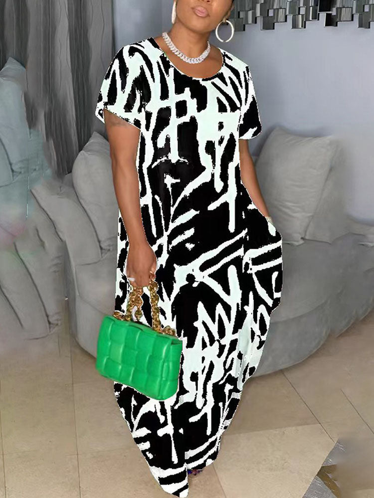 flowersverse Stylish Short Sleeve Plus Size Floral Print Maxi Dress