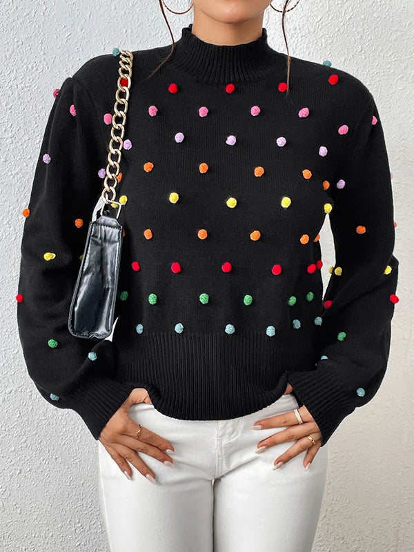 flowersverse Pompom Triming Long Sleeves Loose Round-Neck Sweater Tops Pullovers Knitwear