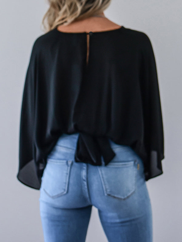 flowersverse Solid Color Loose Three-quarter Sleeves Deep V-Neck Blouses&shirts Tops