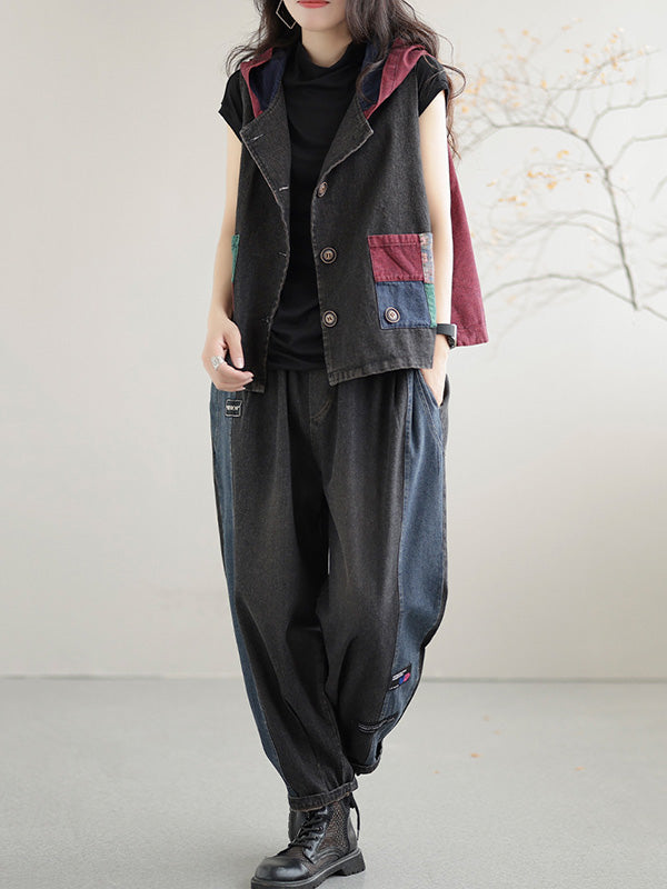 flowersverse Artistic Retro Loose Denim Sleeveless Buttoned Contrast Color Hooded Vest Outerwear