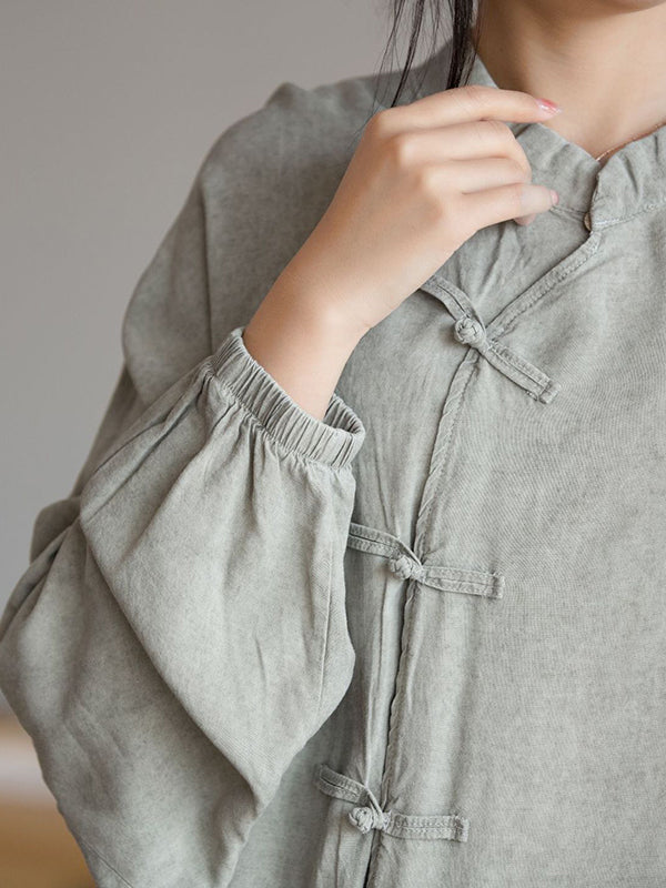 flowersverse Artistic Retro Loose Long Sleeves Buttoned Solid Color Stand Collar Blouses&Shirts Tops