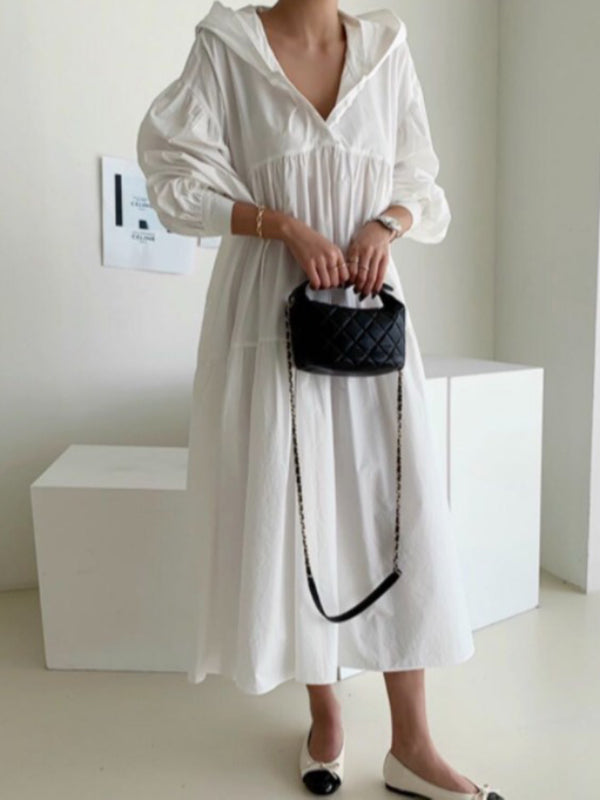 flowersverse Urban Solid Color Pleated Long Sleeves Hooded Midi Dress