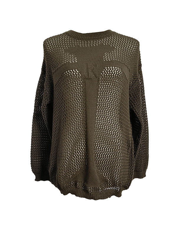 flowersverse Hollow Solid Color Long Sleeves Loose Round-Neck Sweater Tops Pullovers Knitwear