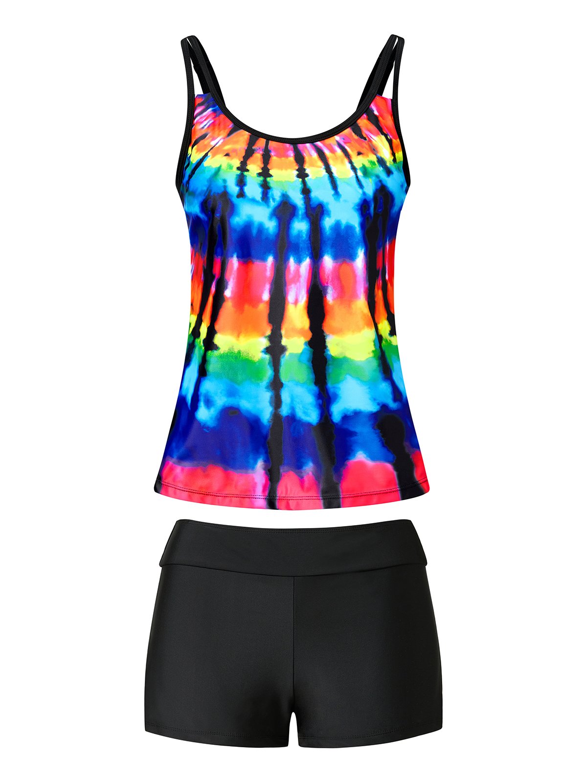 flowersverse Casual Tie-Dye Pattern Printing Scoop Neck Tankinis Two-Piece Set
