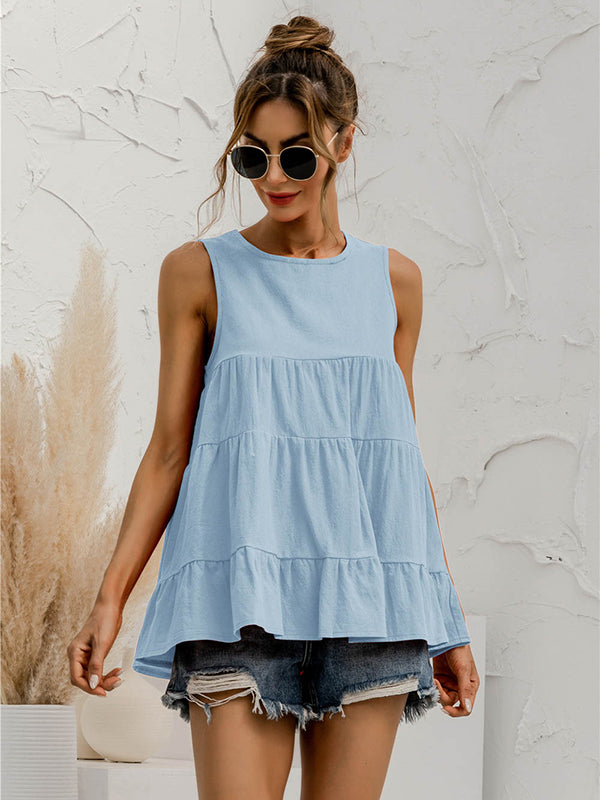 flowersverse Casual Loose Sleeveless Split-Joint Solid Color Round-Neck Vest Top