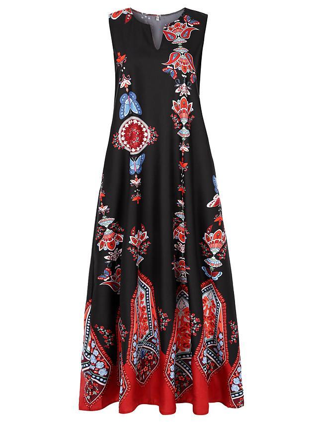 flowersverse Women's A-Line Dress Maxi Long Dress - Sleeveless Pocket Print Spring & Summer V Neck Hot Casual Boho Holiday White Black Blue Yellow Light Blue White Dresses
