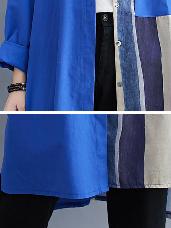 flowersverse Original Buttoned Contrast Color Split-Joint Long Sleeves Lapel Blouse