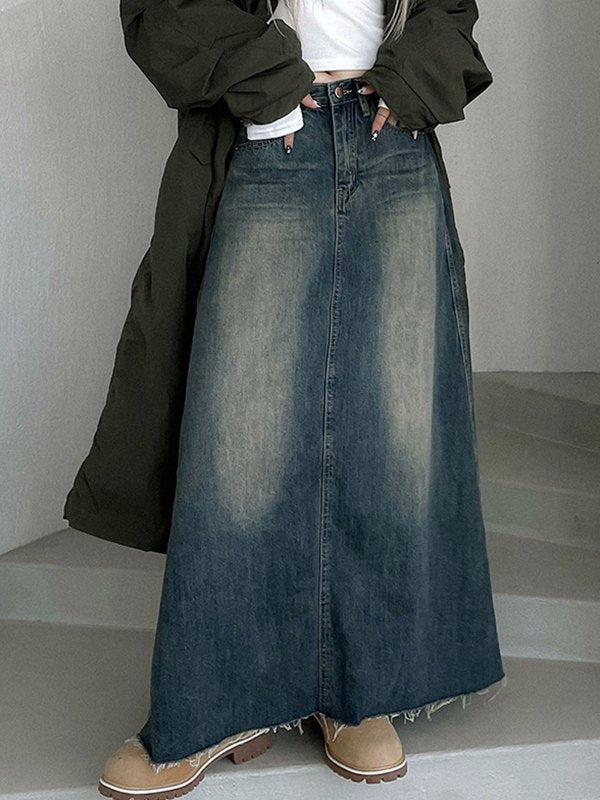 flowersverse Washed Vintage Long Denim Skirt