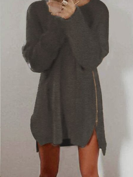flowersverse Women Fluffy Zipper Long Sleeve Casual Plus Size Sweater Dress