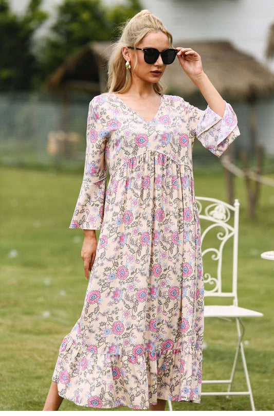 flowersverse Summer Women Casual Loose Large Chiffon Long Sleeve V Neck Floral Printed Mediumn Long Dress For Fashion
