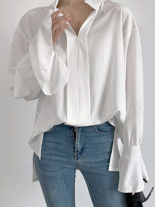 flowersverse Buttoned Solid Color Split-Side Flared Sleeves High-Low V-Neck Blouses&Shirts Tops