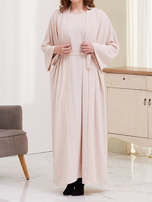 flowersverse Long Sleeves Loose Solid Color Inner Dress + Tied Waist Outerwear Two Pieces Set
