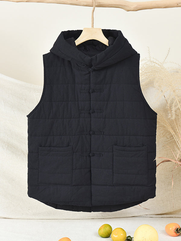 flowersverse Simple Sleeveless Loose Keep Warm Cotton Quilted Solid Color Hooded Vest Outerwear