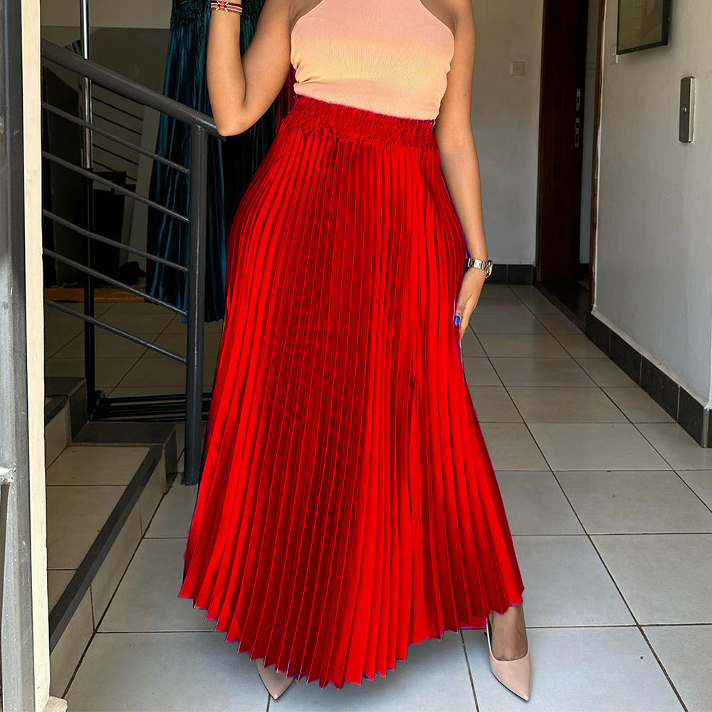 flowersverse Plus Size Women's High Waisted Chic Elegant A-Line Maxi Pleated Skirt