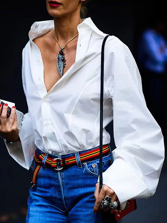 flowersverse Buttoned Solid Color Long Sleeves Loose Lapel Collar Blouses&Shirts Tops