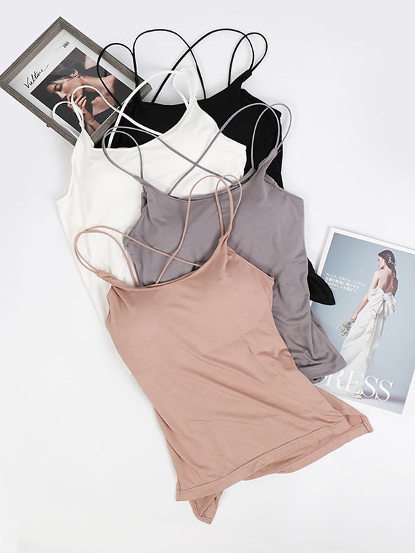 flowersverse Simple Solid Color High-Low Backless Spaghetti-Neck Shirts