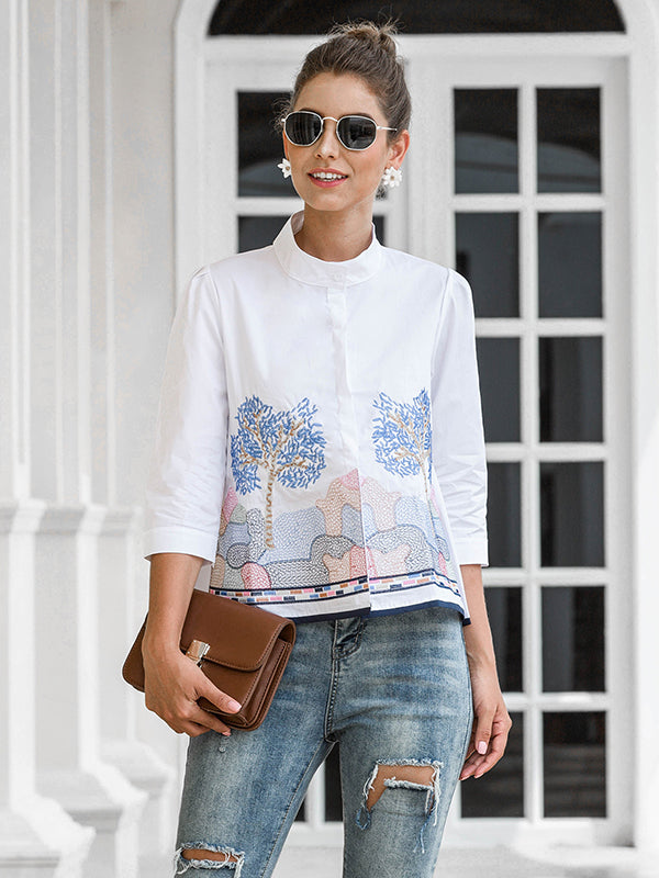 flowersverse Casual Three-Quarter Sleeves Loose Embroidered Stand Collar Blouses&Shirts Tops