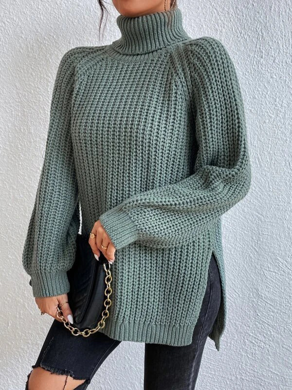 flowersverse Solid Color Split-side Long Sleeves Loose High Neck Sweater Tops Pullovers