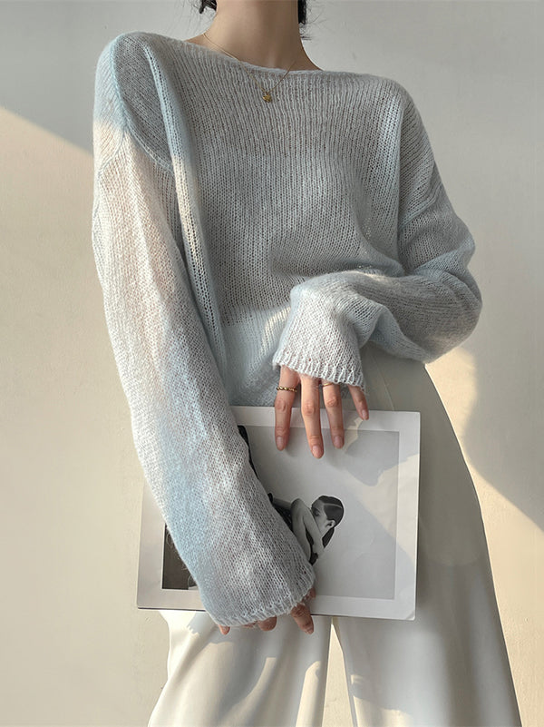 flowersverse Gentle Mohair Knitted Loose Long Sleeves Solid Color Thin Sweater Tops