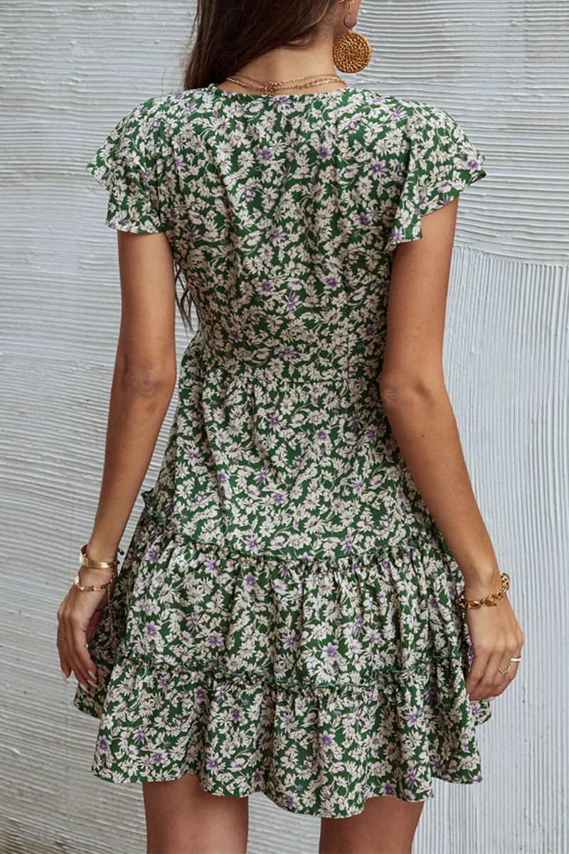 flowersverse Fashion Elegant Floral Buckle Flounce V Neck A Line Dresses