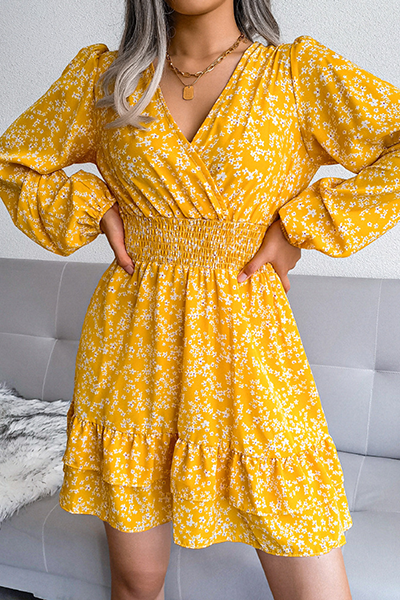 flowersverse Fashion Elegant Floral Split Joint Flounce V Neck Waist Skirt Dresses