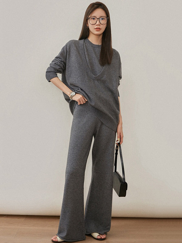 flowersverse Urban Loose Solid Round-Neck Vest Top& V-Neck Sweater Tops& Wide Leg Pants Three-Piece Set