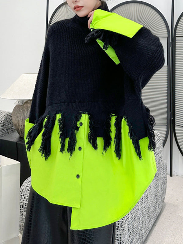 flowersverse Asymmetric Fringed Split-Joint A-Line Long Sleeves High Neck Sweater Tops Pullovers Knitwear