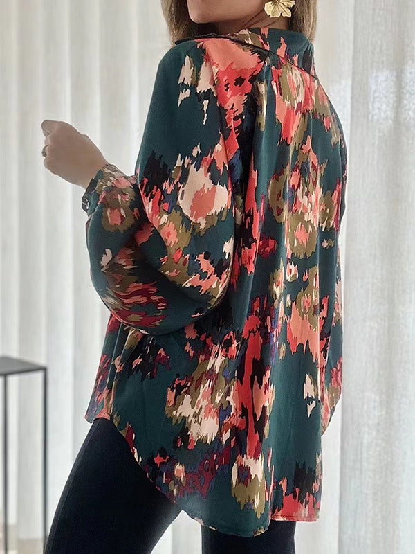 flowersverse Printed Long Sleeves Loose V-Neck Blouses&Shirts Tops