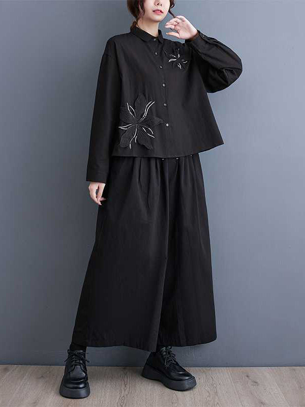 flowersverse Applique Buttoned Embroidered Long Sleeves Loose Lapel Blouses&Shirts Tops