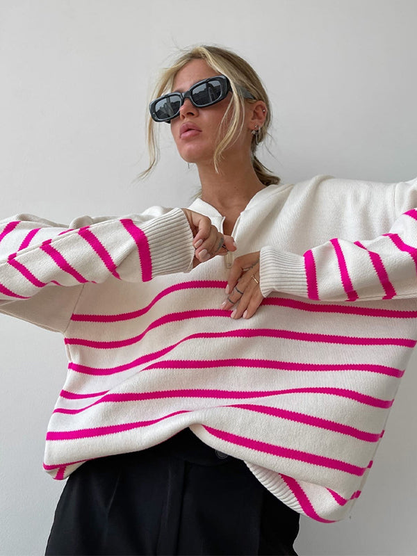 flowersverse Urban Long Sleeves Loose Striped Round-Neck Sweater Tops