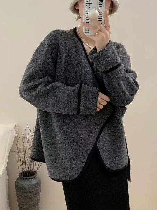 flowersverse Split-Joint Long Sleeves Loose V-Neck Cardigan Tops