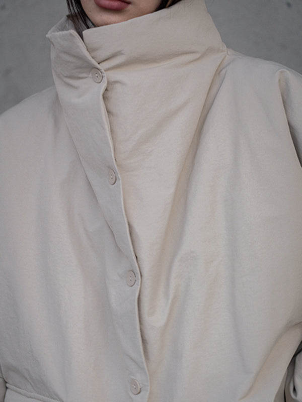 flowersverse Urban Long Sleeves Buttoned Asymmetric Solid Color Stand Collar Padded Coat