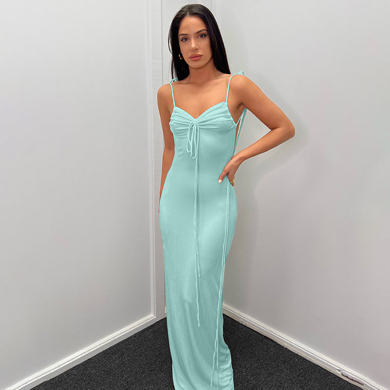flowersverse Summer Ladies Long Dress Solid Color Sexy Low Back Straps Halter Bodycon Dress