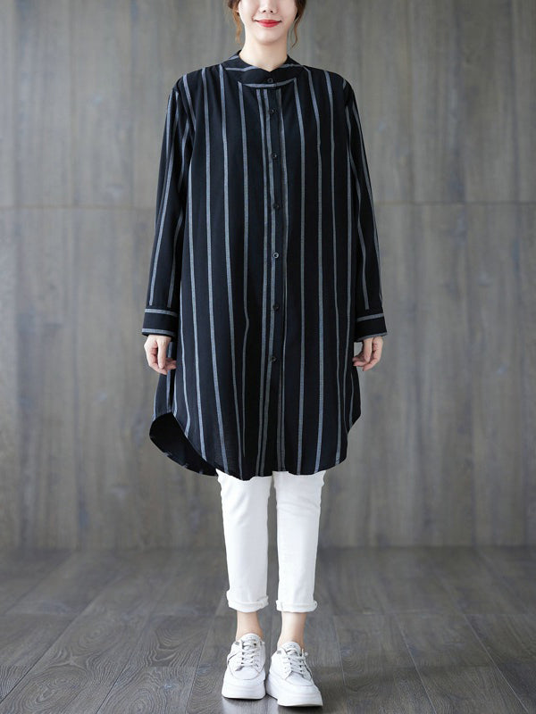 flowersverse Buttoned Striped Long Sleeves Loose Blouses&Shirts Tops