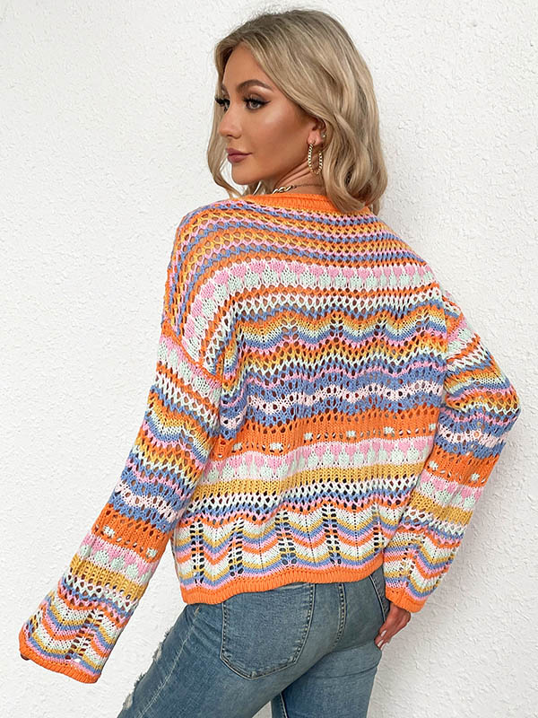 flowersverse 4 Colors Loose Contrast Color Round-Neck Sweater Top