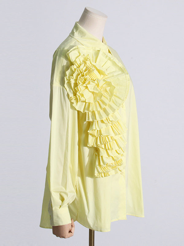 flowersverse Asymmetric Buttoned Pleated Solid Color Split-Joint Three-Dimensional Flower Long Sleeves Loose Lapel Blouses&Shirts Tops