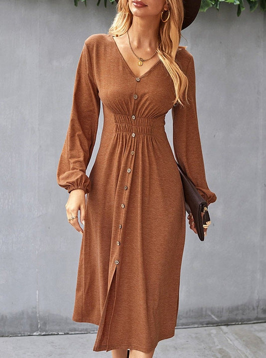 flowersverse Fall/Winter A-Line Solid Color V-Neck Dress Black Dresses