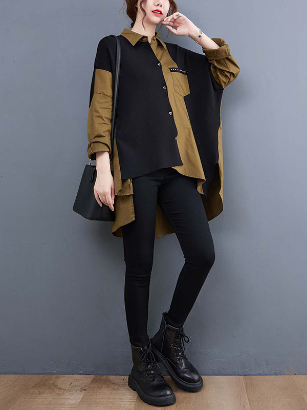 flowersverse Artistic Retro Loose Split-Joint With Pocket Buttoned Lapel Collar Long Sleeves False Two Blouse