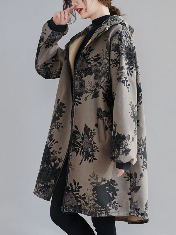 flowersverse Artistic Retro Loose Floral Printed Hooded Long Sleeves Outwear