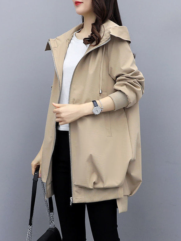 flowersverse Casual Loose 4 Colors Pleated Zipper Hooded Long Sleeves Outwear