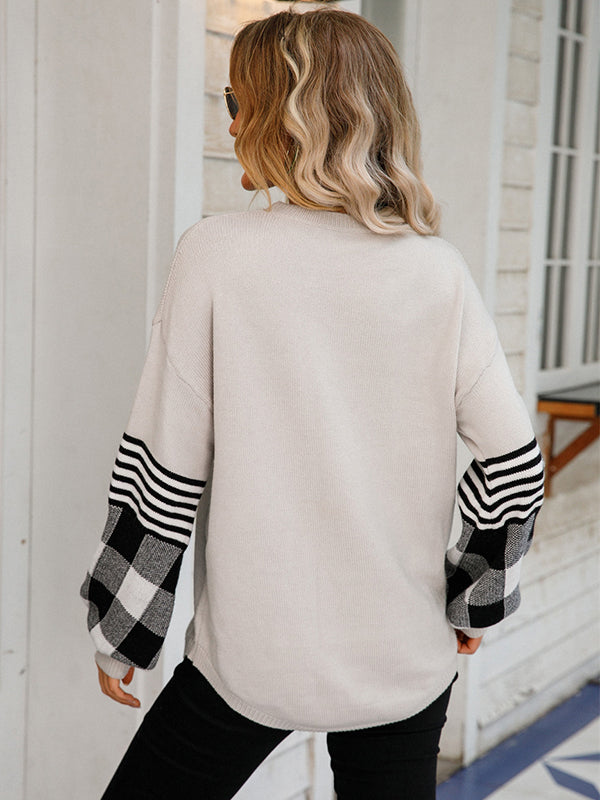 flowersverse Casual Long Sleeves Loose Checkered Round-Neck Sweater Tops
